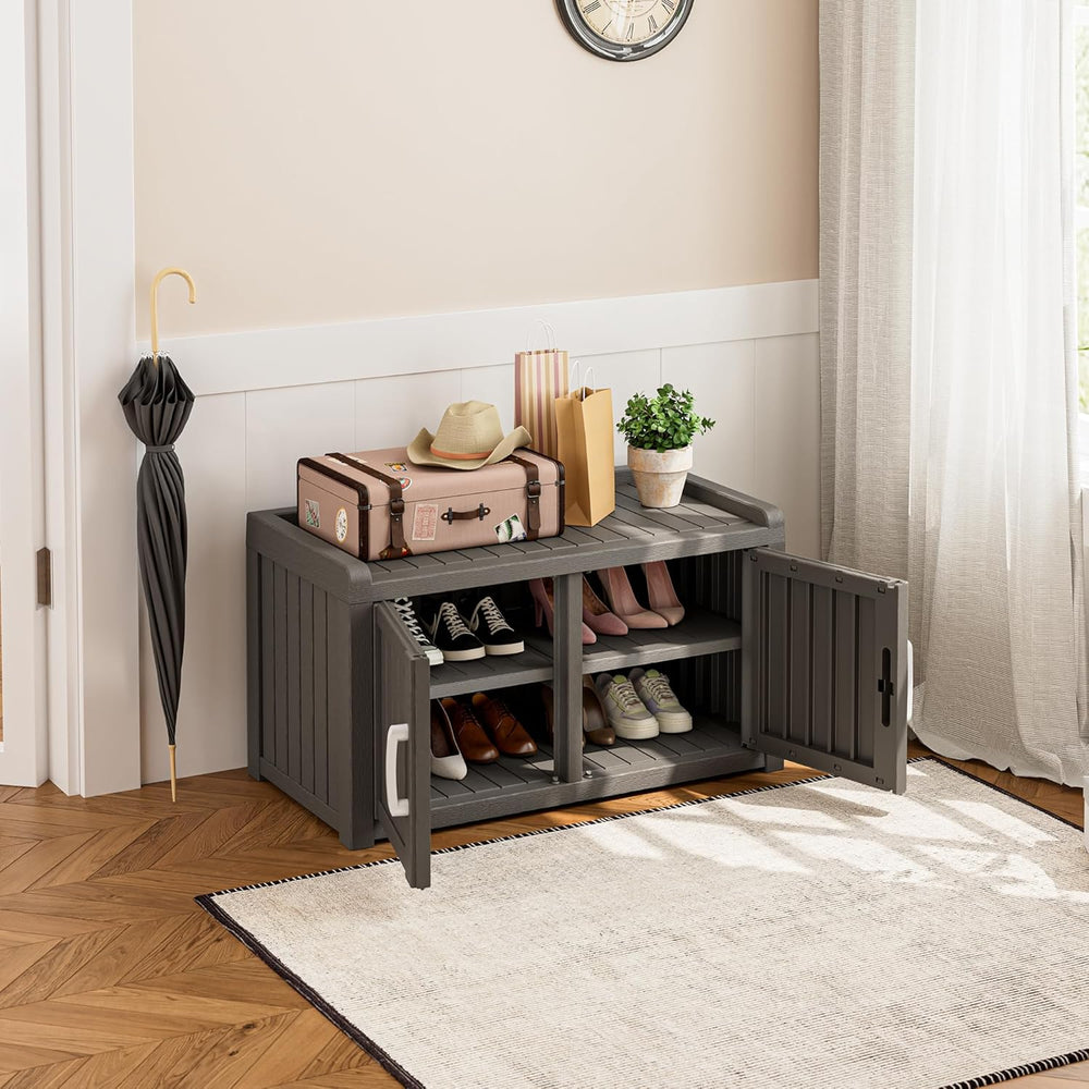 2-Tier Storage Bench, Waterproof UV-Resistant Outdoor Shoe Storage Cabinet wi...
