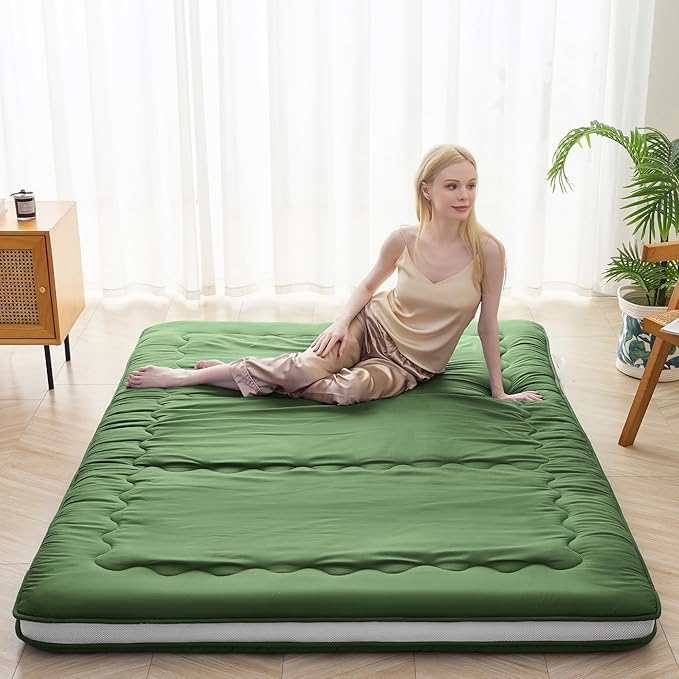 Japanese Floor Mattress, 4" Japanese Futon Mattress, Foldable & Portable Shiki Futon (shikibuton), Roll Up Thicken Sleeping Tatami Mat Sleeping Pad for Camping (Green, 54 x 80)