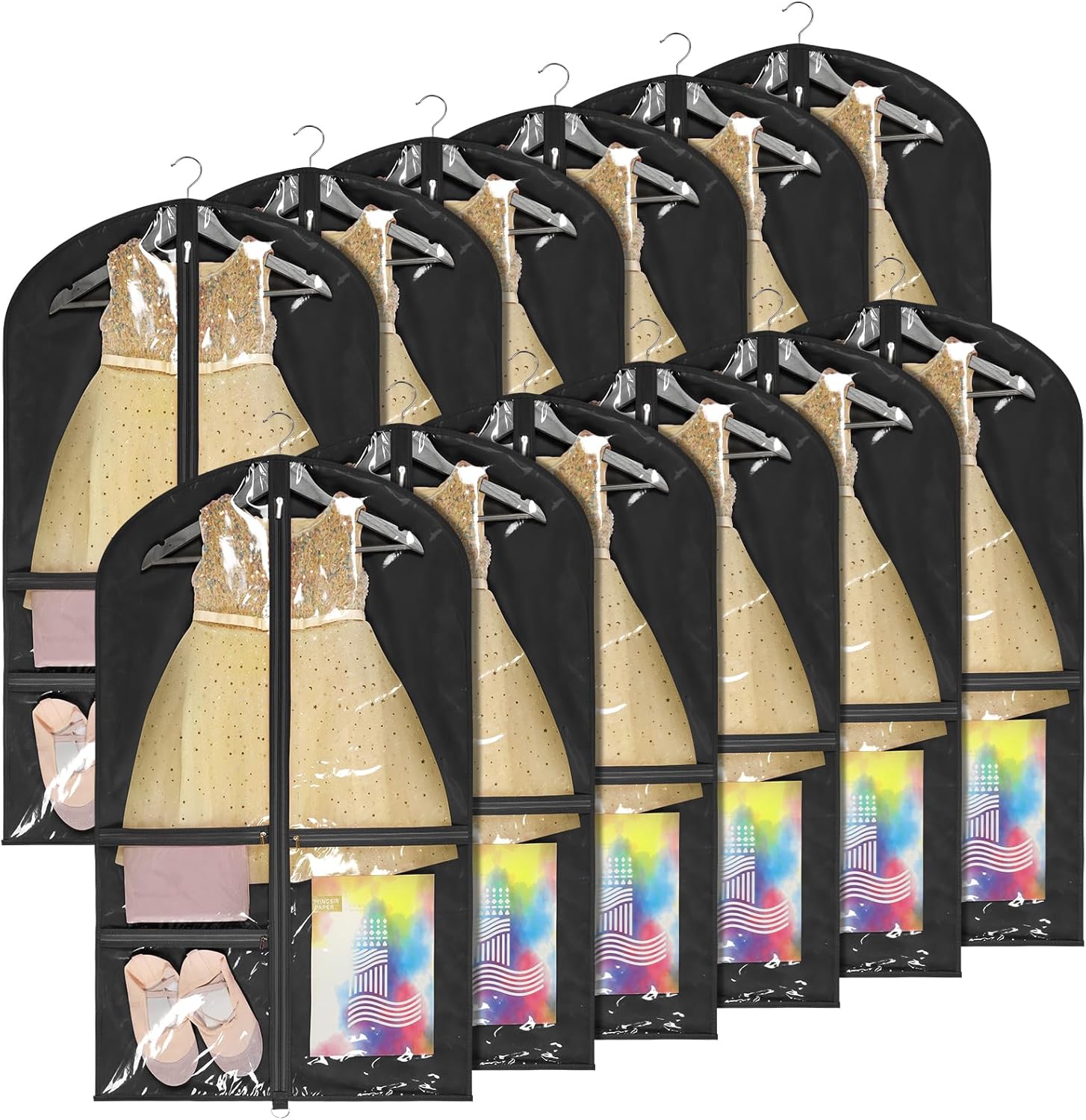 Univivi 40 Inch Dance Costume Garment Bags for Dancers, Black, 12 Pack | Breathable Fabric, Clear PVC Window, 3 Zip Pockets, Foldable Costume Garment Bags for Dancers, Dance Costumes, Dresses, Suits