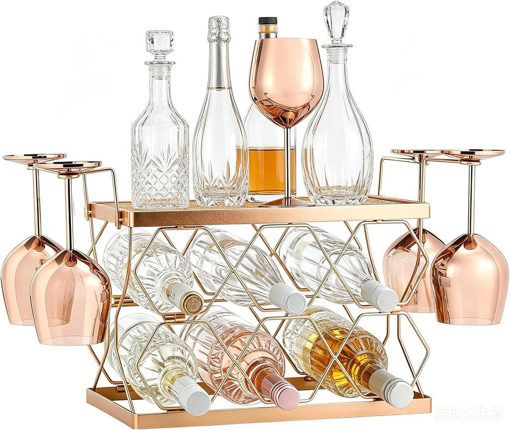 Countertop Wine Rack Organizer - Holds 6 Oversized Bottles & 4 Glasses | Freestanding Small Metal Bottle Holder, Perfect for Home Décor, Kitchen Storage and Cabinet | No Assembly
