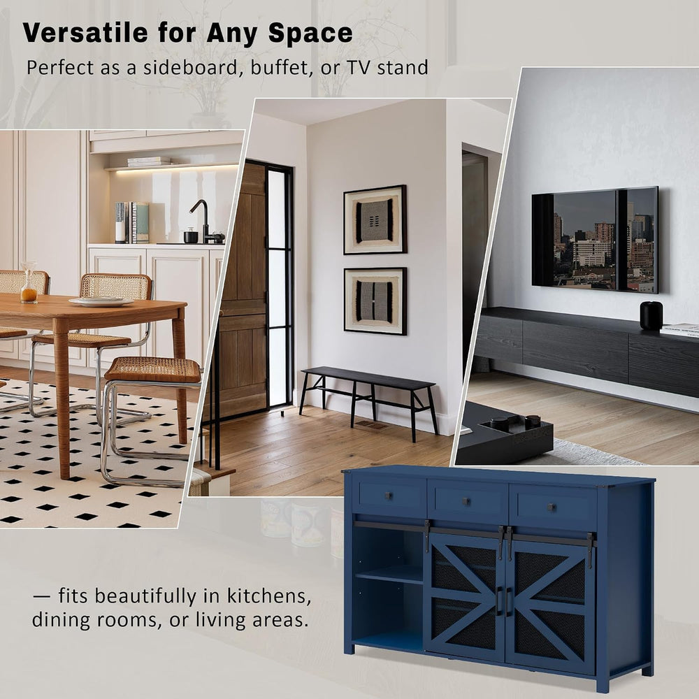 Virubi 55 in Sideboard Buffet Cabinet with Storage,Sliding Barn Doors,3 Drawe...