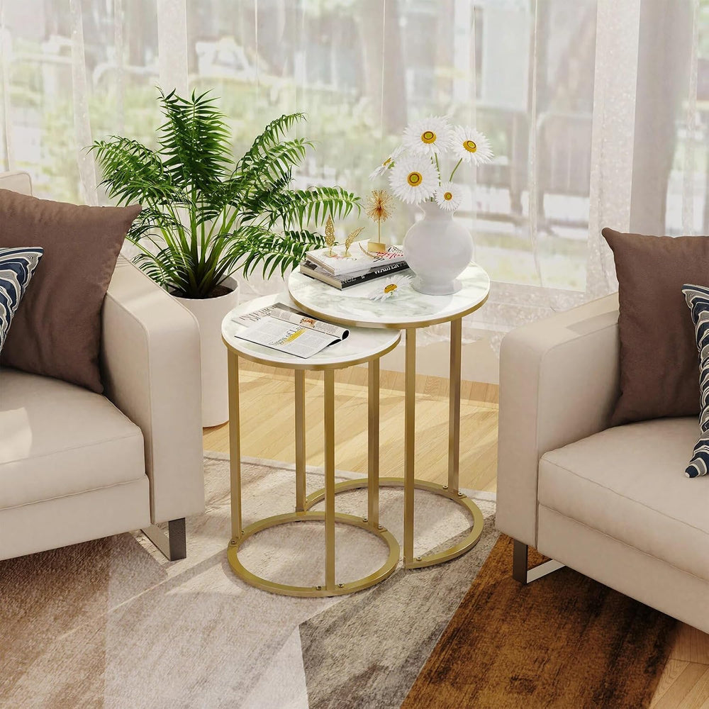 Set of 2 Modern Round Marble Metal Base Nesting Set Side Accent Table Living ...
