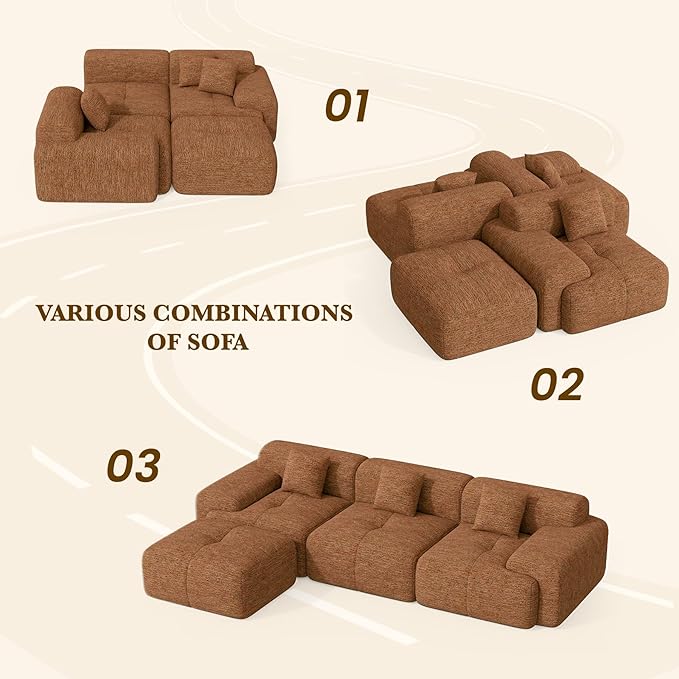 122" L Shaped Convertible Modular Couch, Cloud Couch Sectional with Ottoman, 4-Seater Chenille Boneless Couches for Living Room, Apartment, No Assembly, Orange 1PCS