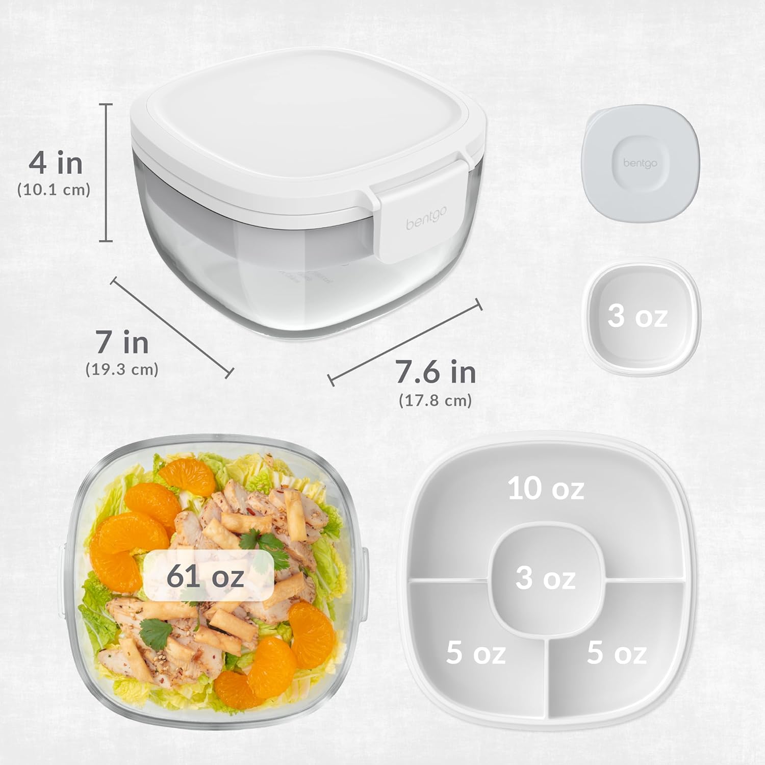 Bentgo Glass All-in-One Salad Container - Large 61-oz Salad Bowl with Lid, 4-Compartment Bento-Style Tray, 3-oz Sauce Container, and Reusable Fork - Dishwasher, Microwave, and Oven Safe (White)