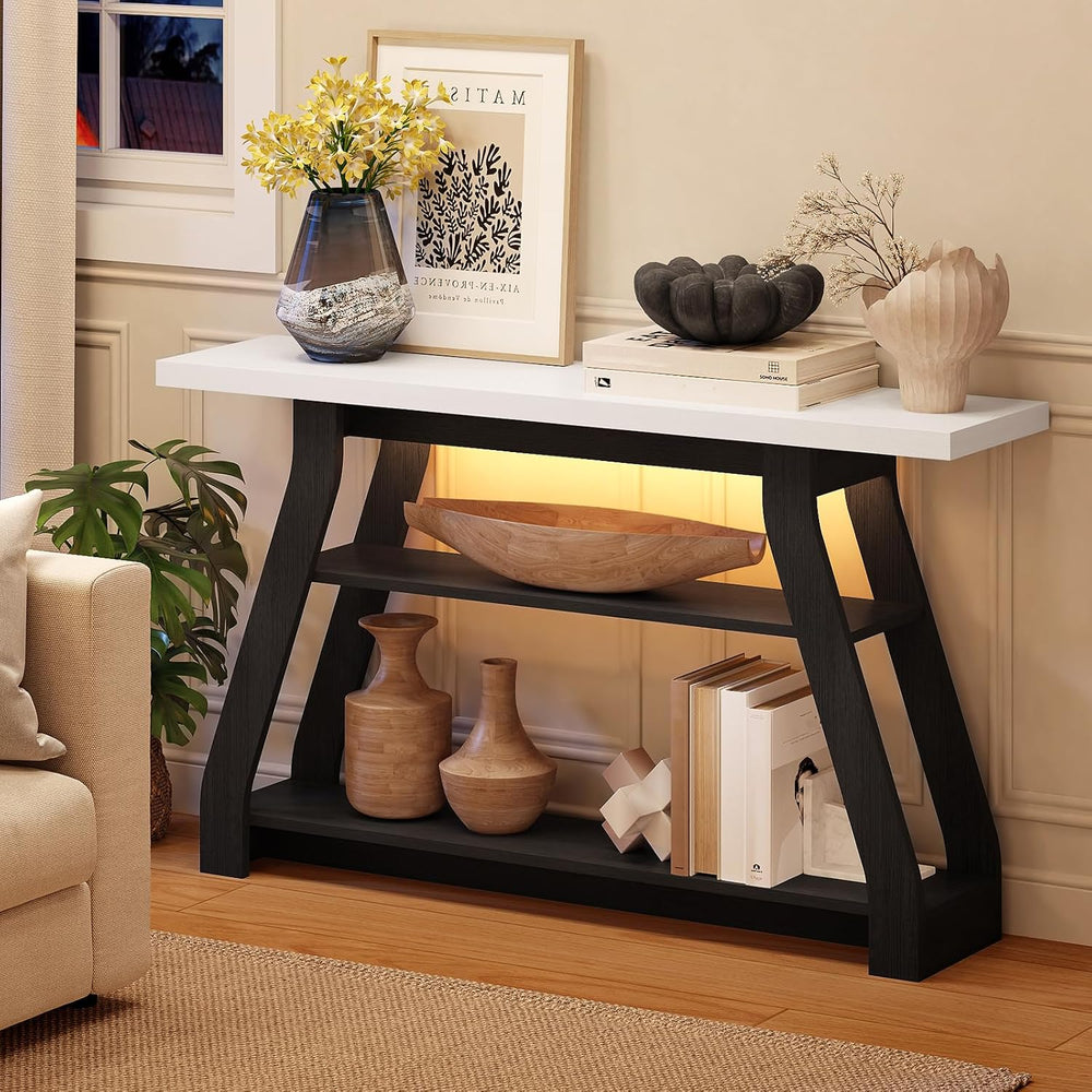Console Table, 55-Inch Entryway Table with LED Light 3-Tier Narrow Wood Conso...