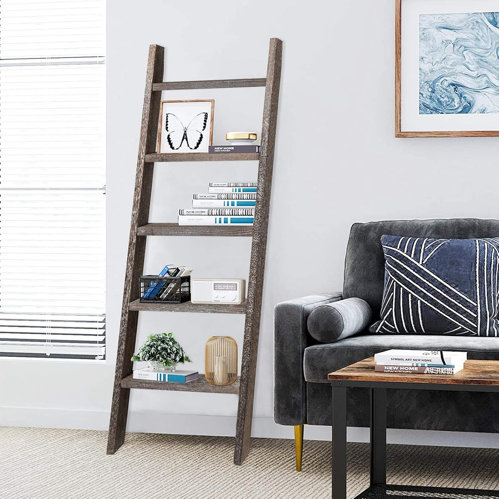 Natsukage Rustic Wooden Blanket Ladder - Farmhouse Decorative Ladder Shelf for Living Room, Bathroom, Bedroom (63" x 22", Rustic Walnut)
