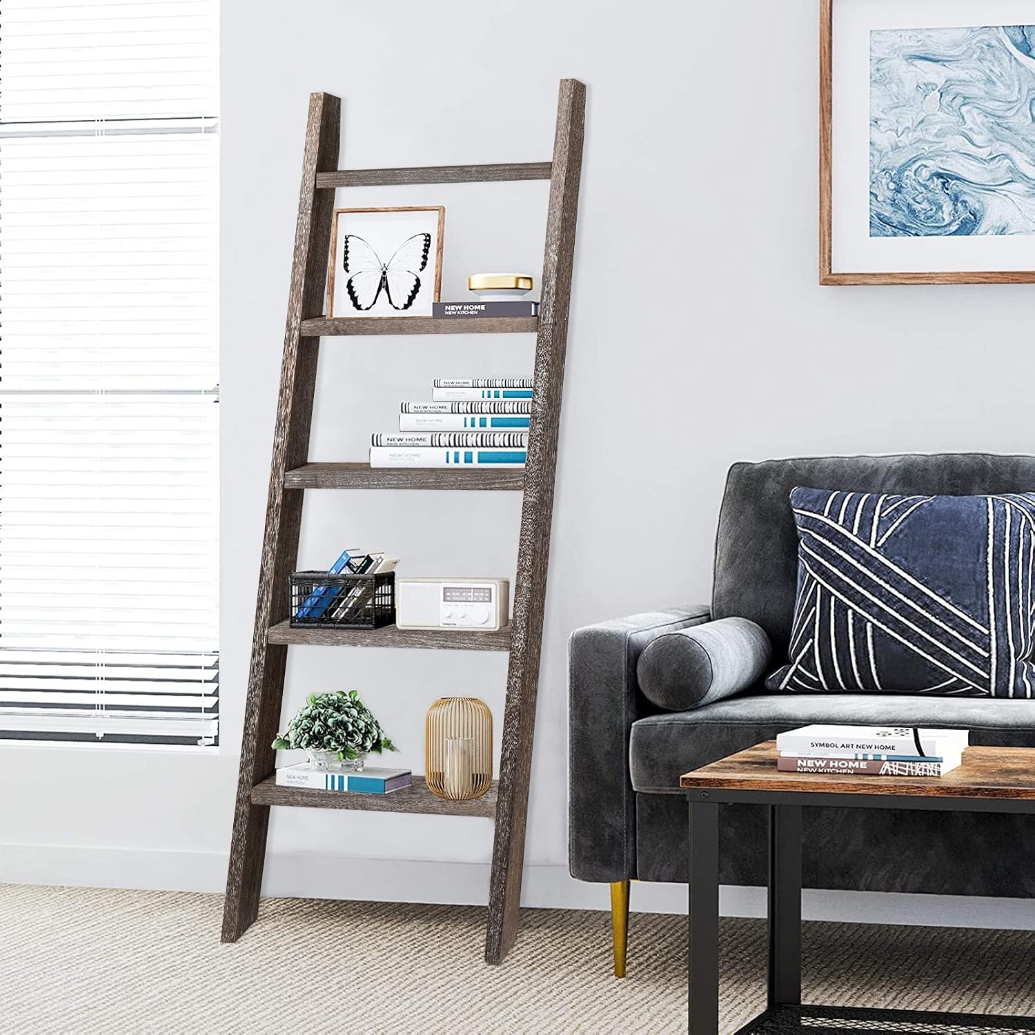 Natsukage Rustic Wooden Blanket Ladder - Farmhouse Decorative Ladder Shelf for Living Room, Bathroom, Bedroom (63" x 22", Rustic Walnut)