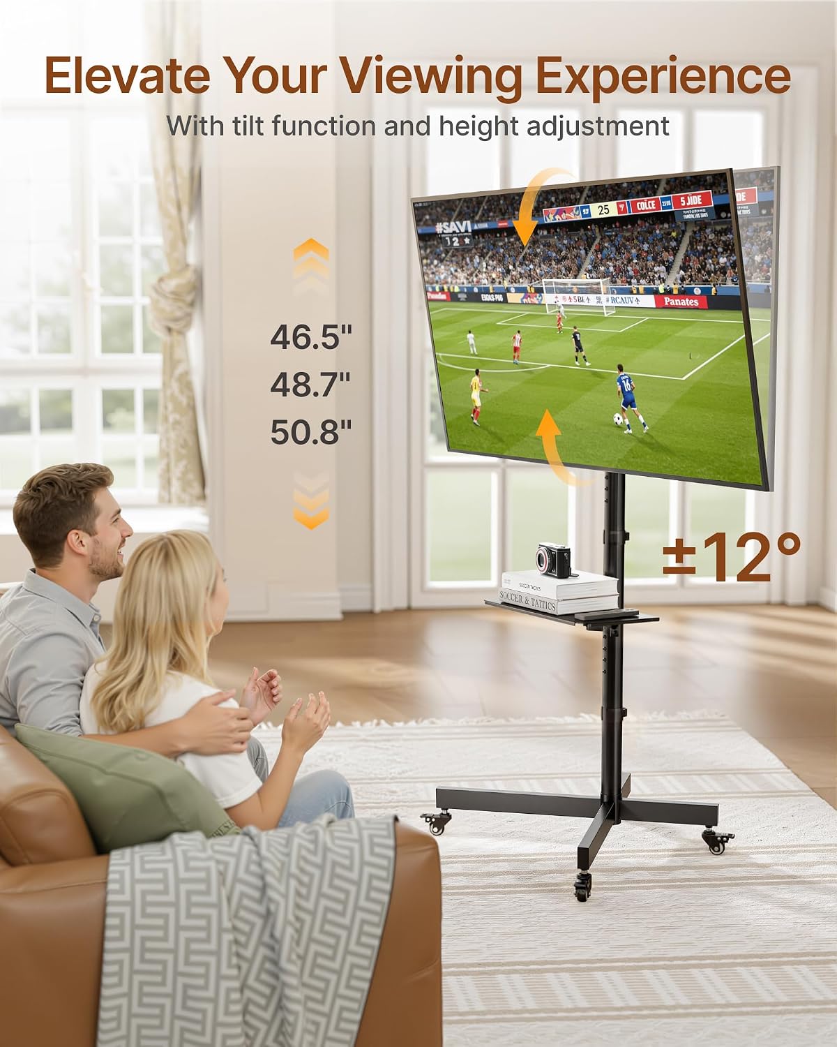 Rolling TV Stand for 23-60" TVs, 121 lbs, Black | Mobile TV cart supports 99 lb TV plus 22 lb shelf, with locking wheels, height and tilt adjustment, VESA 400x400