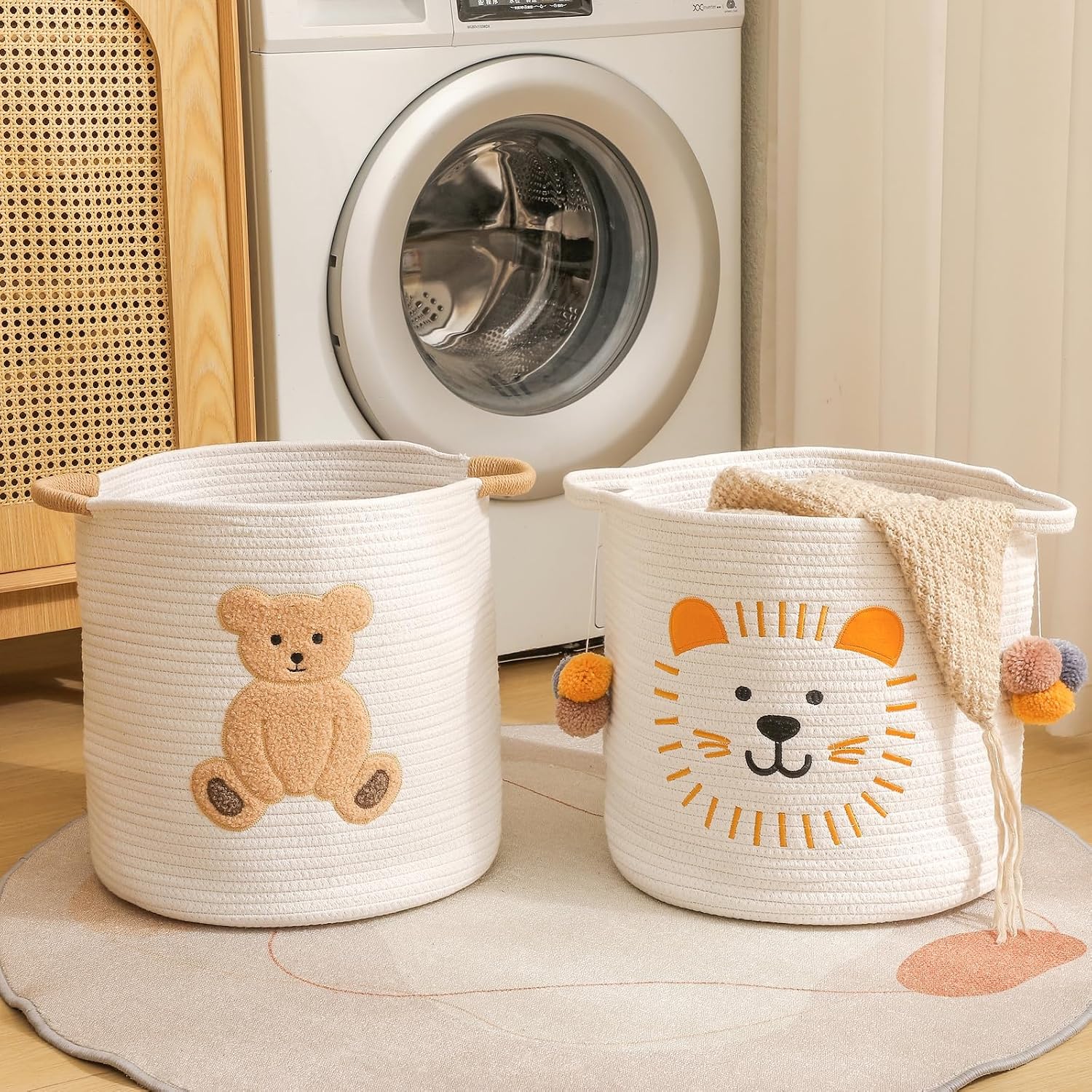 Large Blanket Baskets for Living Room, Teddy Bear Baskets Toy Storage Basket, 14" x 14" Woven Cotton Rope Basket for Kids, Toys Organizer Clothes Hamper with Embroidery, Teddy Bear Nursery Decor