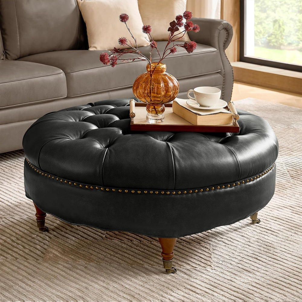 HULALA HOME 40" Genuine Leather Coffee Table, Large Round Button Tufted ...