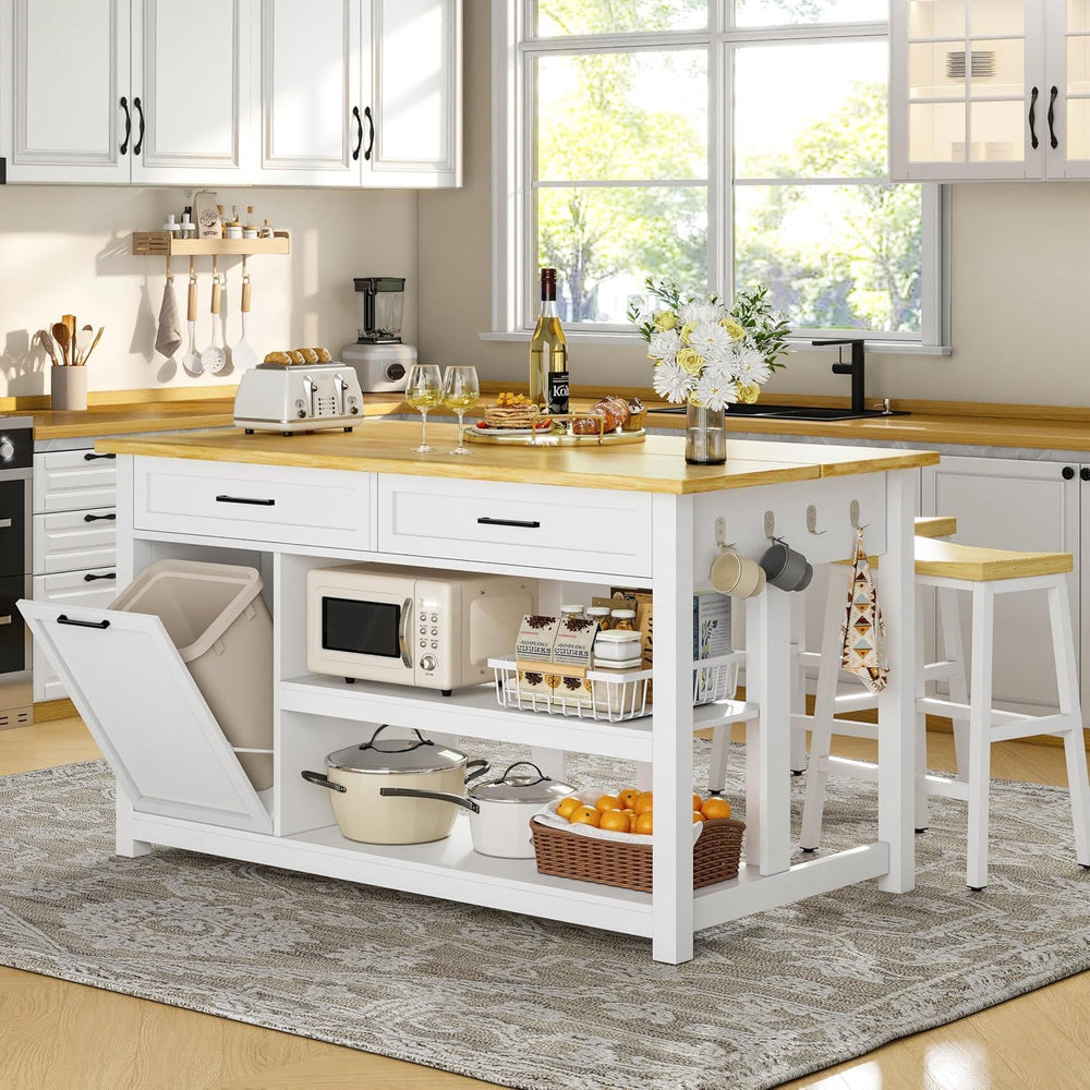 DynJest Kitchen Island with Storage and Seating Include 2 Bar Stools, White |...