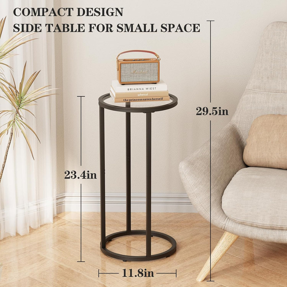 Easy Paws Round Side Table,Glass C Shaped Table,Couch End Table, Tempered Gla...