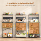 VUSIGN Kitchen Bakers Rack with Power Outlet, 4 Tiers Microwave Stand with Storage, 23.6 Inch Coffee Bar Station with 6 S Hooks, Adjustable Shelf Rack for Pots/Pans/Spices, Black