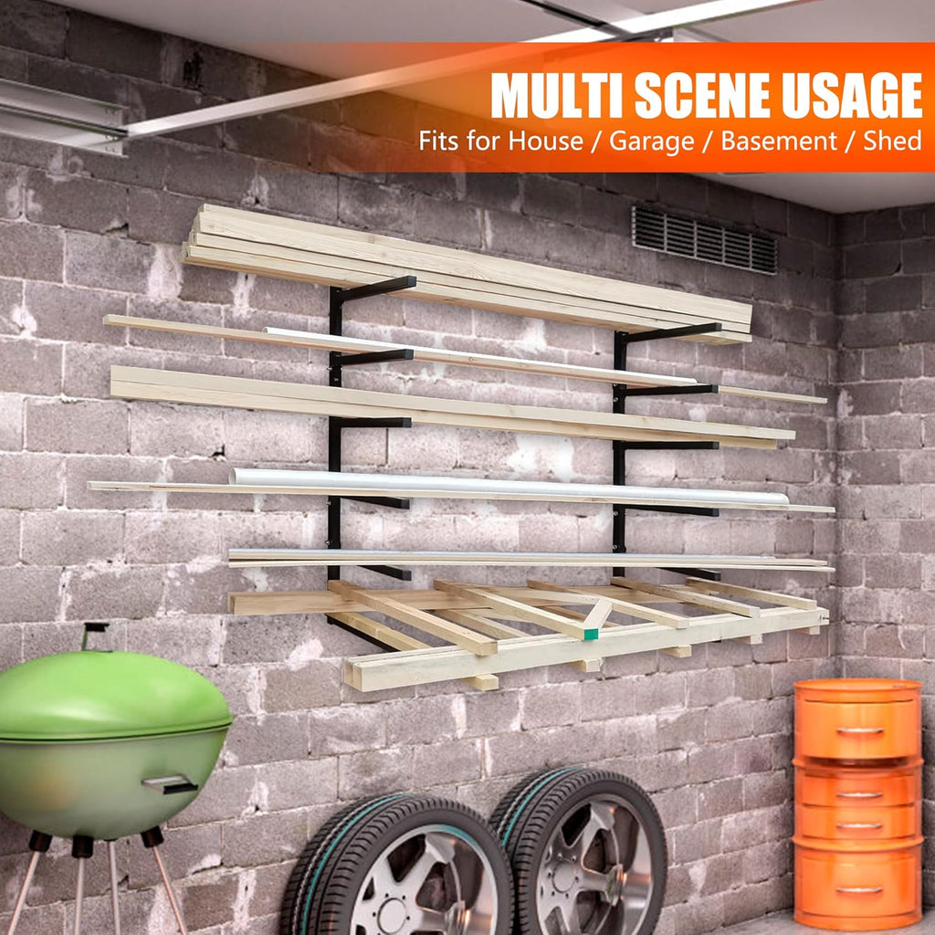 6-Tiered Collapsible Wall Mount Lumber Storage Metal Rack, 6-Level Foldable Heavy Duty Indoor Garage Wood organizer, Outdoor Adjustable Steel Multipurpose Workshop Shelf, Holds up to 600Lbs