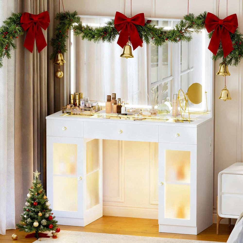 Glass Top Vanity Desk with Mirror and Lights, Crystal Knobs Makeup Vanity wit...