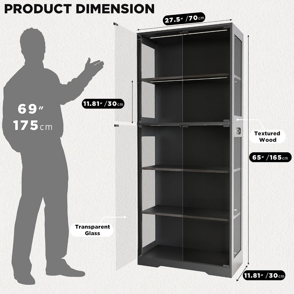 Display Cabinet with Glass Doors, 5-Tier 65" Glass Display Cabinet with ...