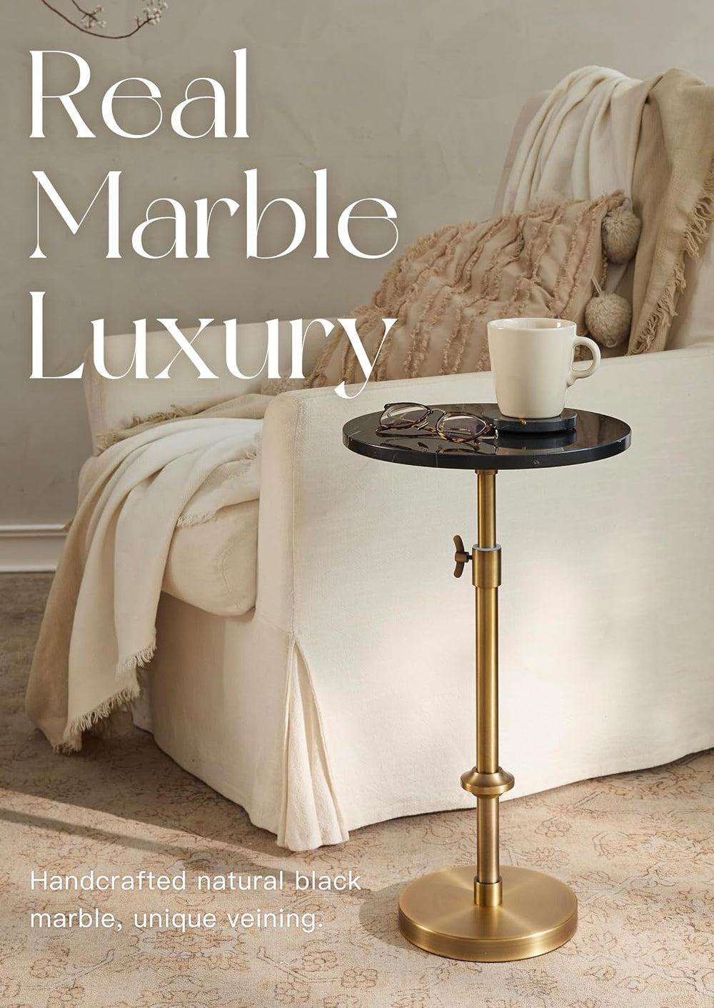 Adjustable 12" Black Marble Drink Table with 2 Coasters, Antique Brass⁠