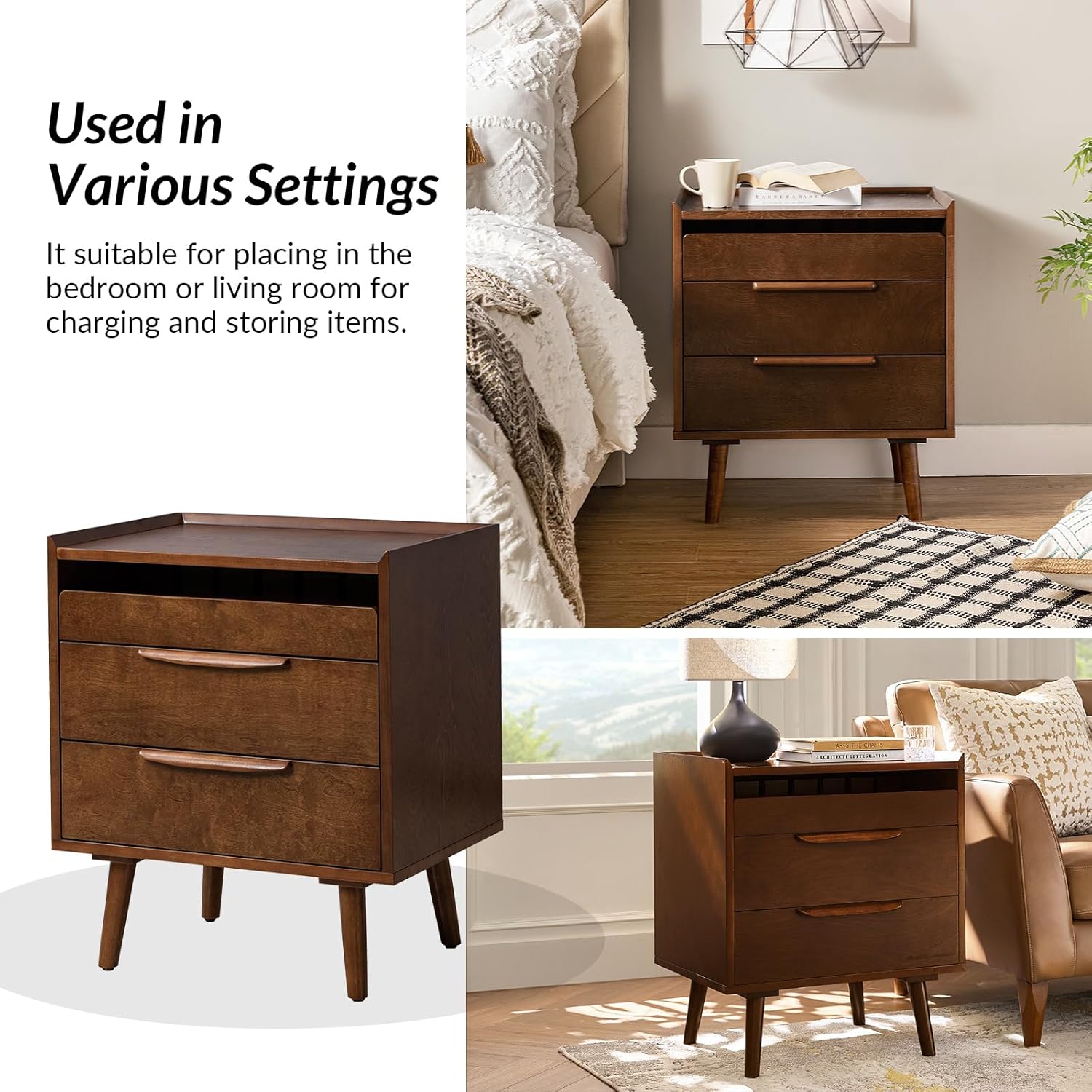 HULALA HOME 2 Drawer Nightstand with Charging Station, Mid-Century Modern Bedside Tables with Wood Legs, Wood Night Stand with Pull-Out Shelf Set of 2, Walnut
