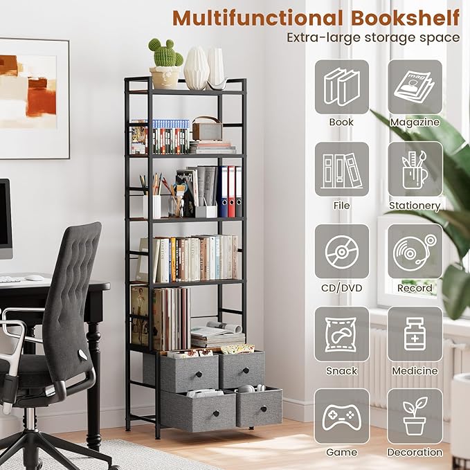 5 Tier Bookshelf, Modern Bookcase with Bookends and 4 Drawers Storage Organizer, Metal Industrial Display Shelf, Free Standing Storage Shelving Unit for Bedroom, Living Room and Home Office