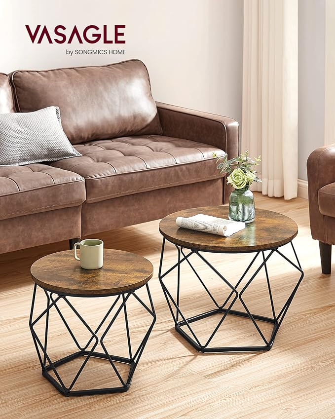VASAGLE Small Coffee Table Set of 2, Round Coffee Table with Steel Frame, Sid...