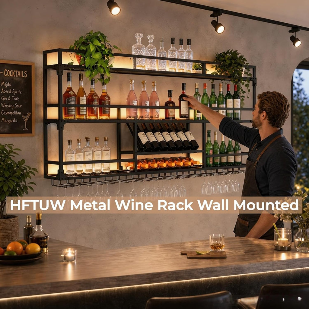 31Inch Metal Wall-Mounted Wine Rack with LED Light - 3 Tier Wine Storage Display Rack with Glass Holder - Space-Saving Bottle Display Shelf for Home Bars, Dining Rooms, Black