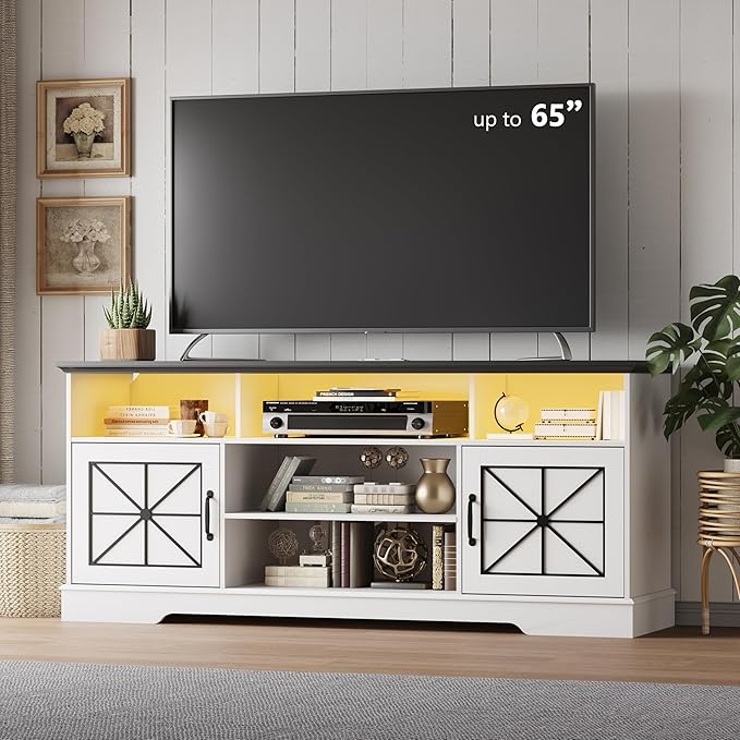 Farmhouse TV Stand for 65/60/55 Inch Tvs, Rustic Entertainment Center with LED Lights and Power Outlets, Modern Media Console Table, Wood Television Furniture for Living Room, Bedroom, White