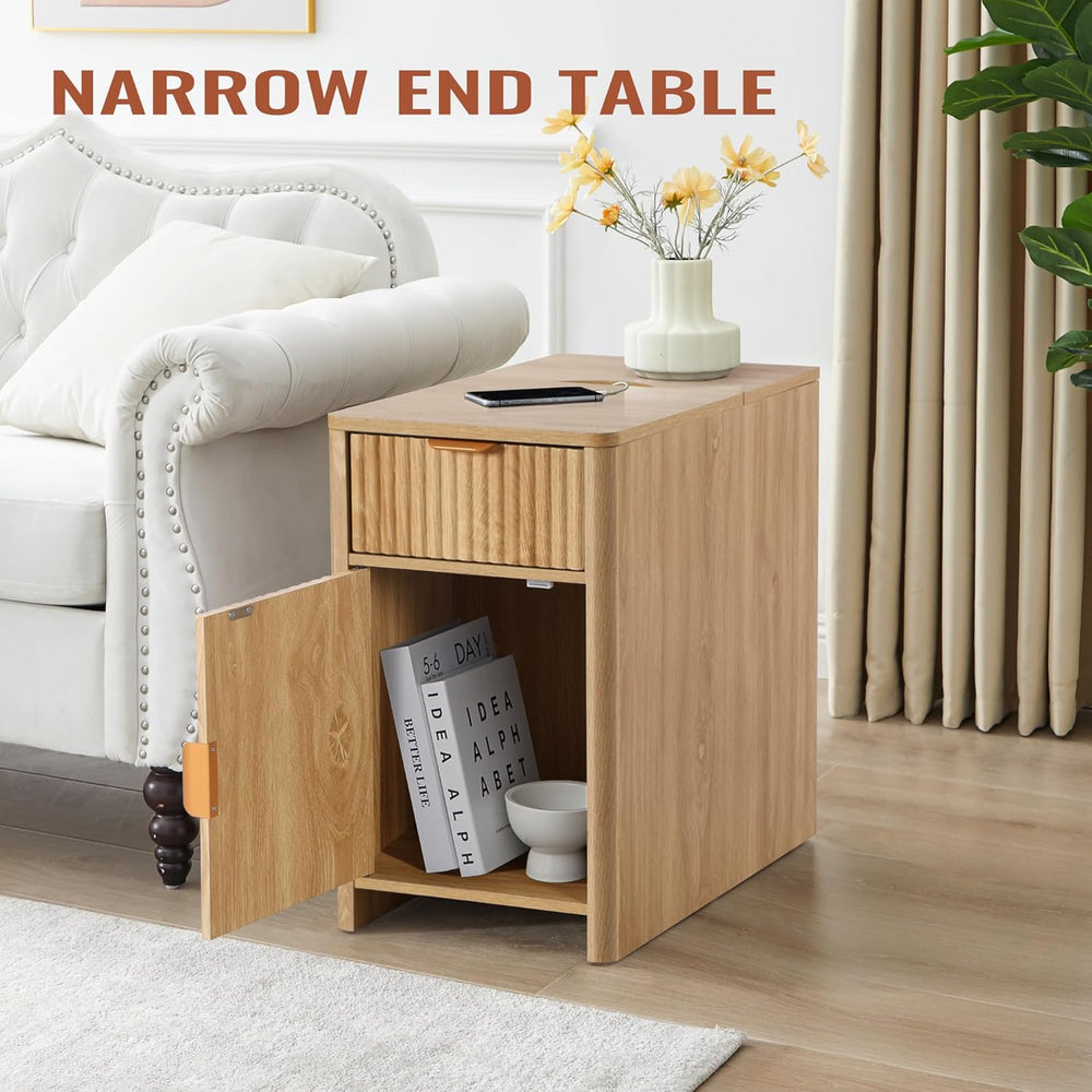 Fluted Narrow End Table with Charging Station, Boho Side Table with Drawer St...