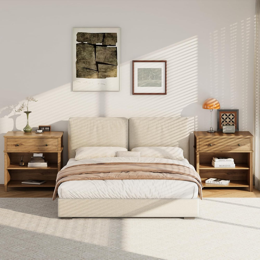 End Table with Drawer and 2 Tier Shelves, Wood Sofa Side Table for Living Roo...