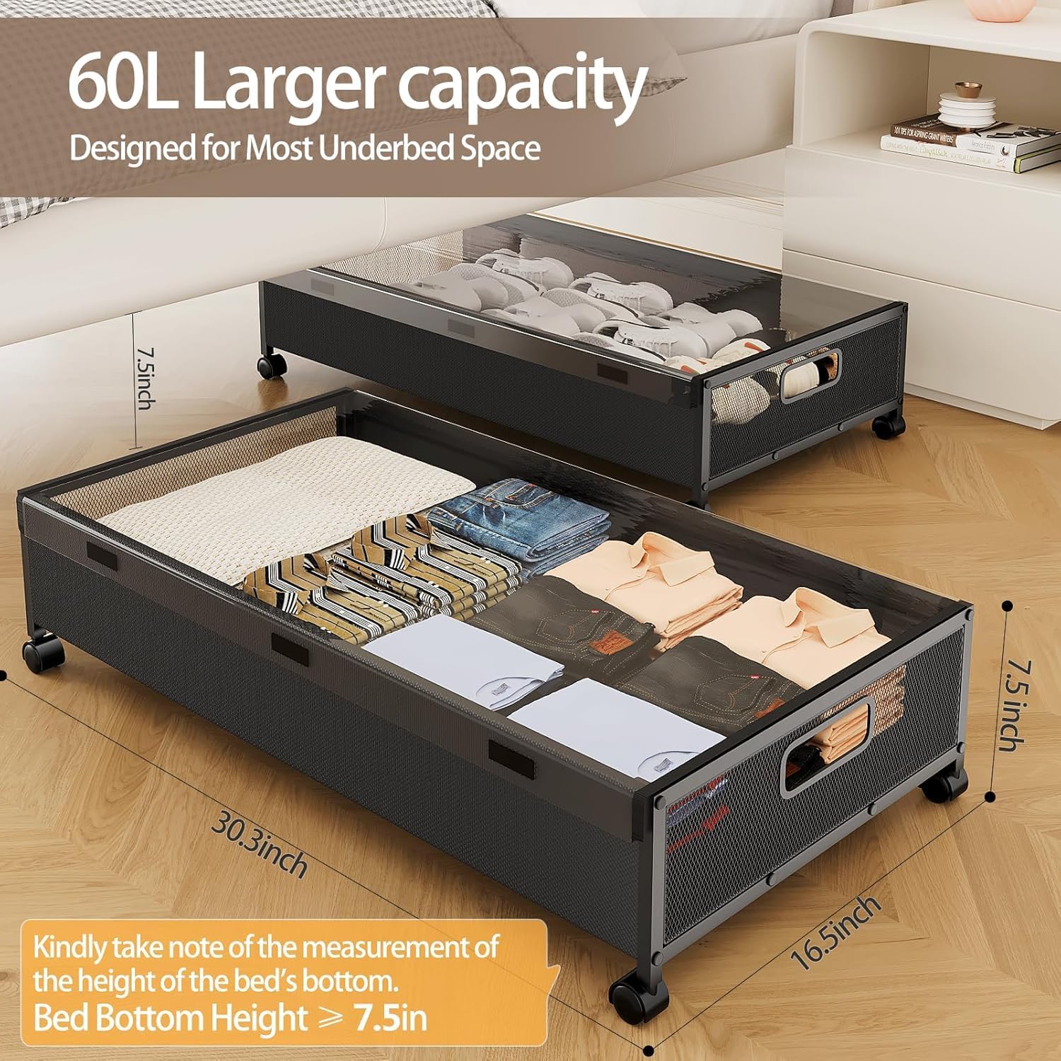 KITHELP Under Bed Storage Containers with Wheels, Underbed Shoe Storage Organizer with Removable Lids, Large Rolling Under Bed Storage Dresser Drawers for Clothes Toys Shoes Blankets