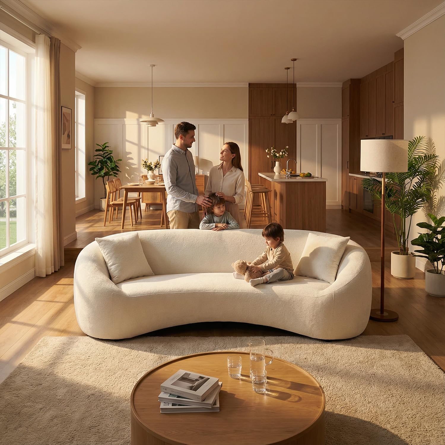 93.31” Modern Curved Sofa,Chenille & Velvet Fabric 3-Seater Couch with Solid Wood Frame,Luxury Cloud Sofa with 2 Throw Pillows,Minimalist Sofas for Living Room,Bedroom,No Assembly Required,White