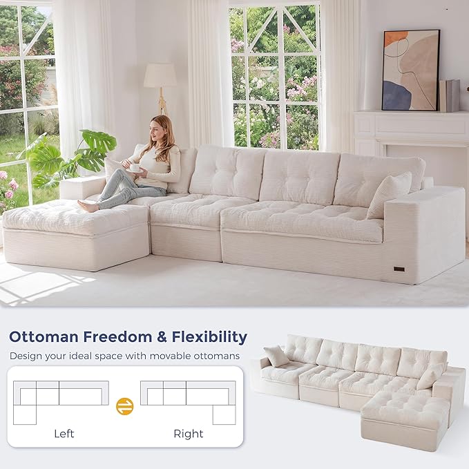 MAXYOYO 132" L Shaped Modular Sectional Sofa with Ottoman, Cloud Boneless Couch with Layered Cushion, Upholstered Sofa in a Box, Flexible Module Combination for Living Room, No Assembly, Beige