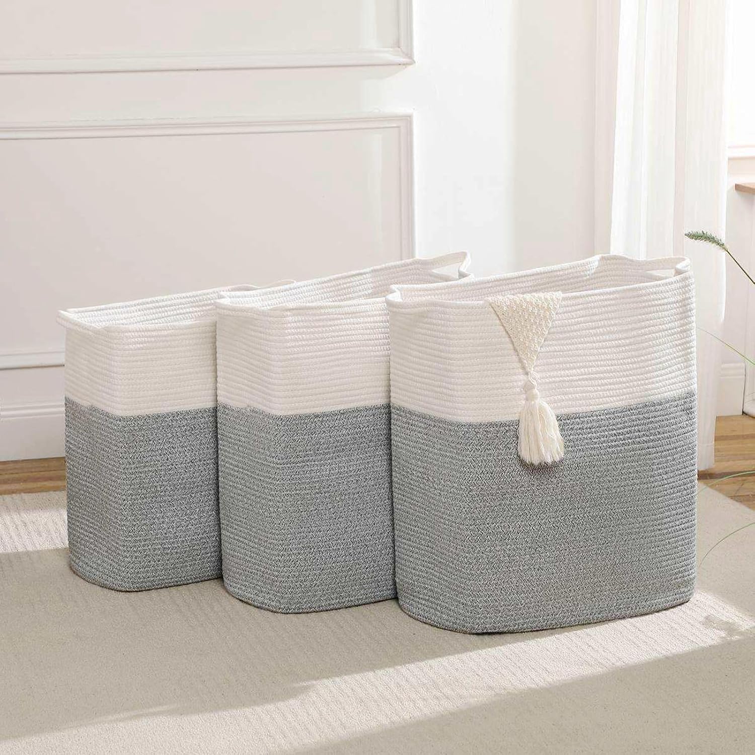 Tall Laundry Basket With Handles,Woven Cotton Rope Big Laundry Hamper Sorters,Versatile Storage for Dirty Clothes,Baby Toys,and Blankets in Bathroom, Nursery,and Living Room (Silver Gray, 80L)