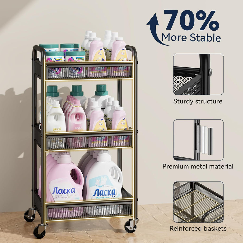 YASONIC 3 Tier Rolling Cart – Metal Utility Storage Carts with Wheels, Craft Cart Organizer with Hanging Cups, Hooks, Mesh Basket for Bedside Kitchen Office Art, Black