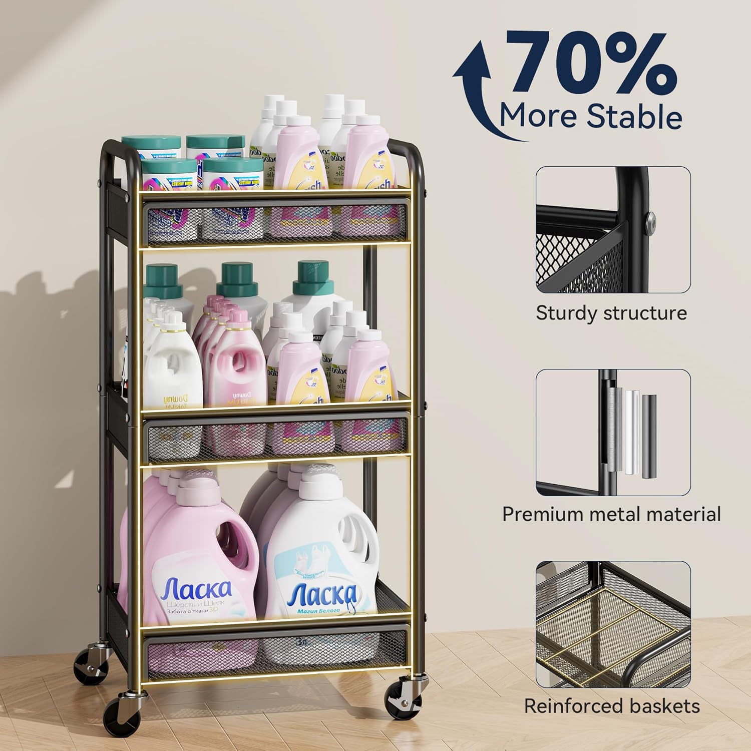 YASONIC 3 Tier Rolling Cart – Metal Utility Storage Carts with Wheels, Craft Cart Organizer with Hanging Cups, Hooks, Mesh Basket for Bedside Kitchen Office Art, Black