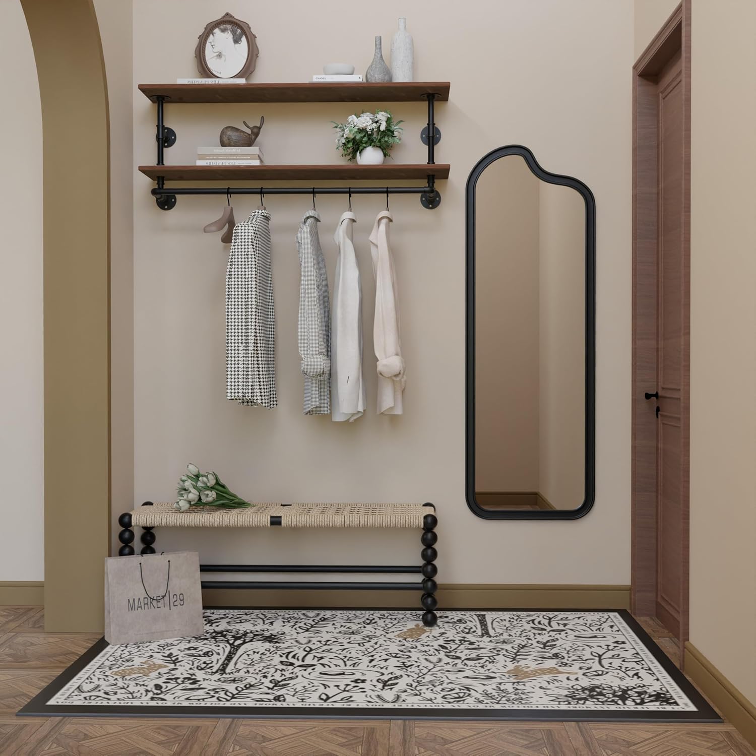 Clothes Rack 36in, 2 Tier Wall Mounted Garment Rack with Real Wood Shelf, Heavy Duty Hanging Clothes Rack, Multi-Purpose Hanging Rod, Space-Saving Closet Storage