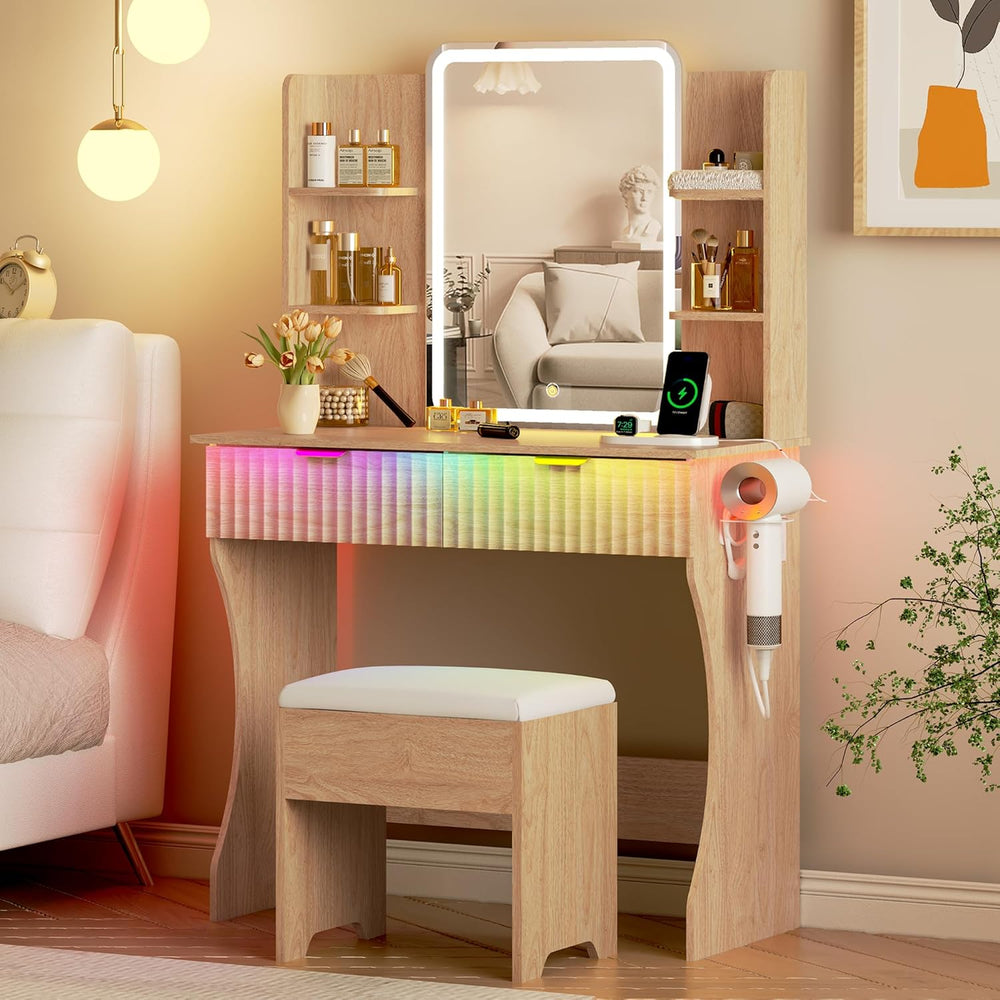Vanity Desk with LED Lights Mirror & Power Outlet, Small Makeup Vanity Ta...