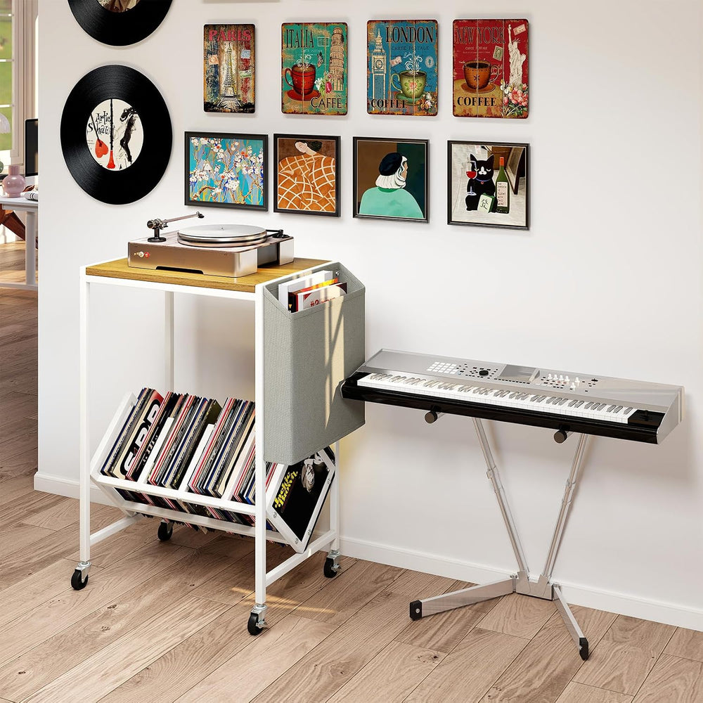 GOFLAME Rolling Record Player Stand, 2-Tier Turntable Stand with Fabric Side ...
