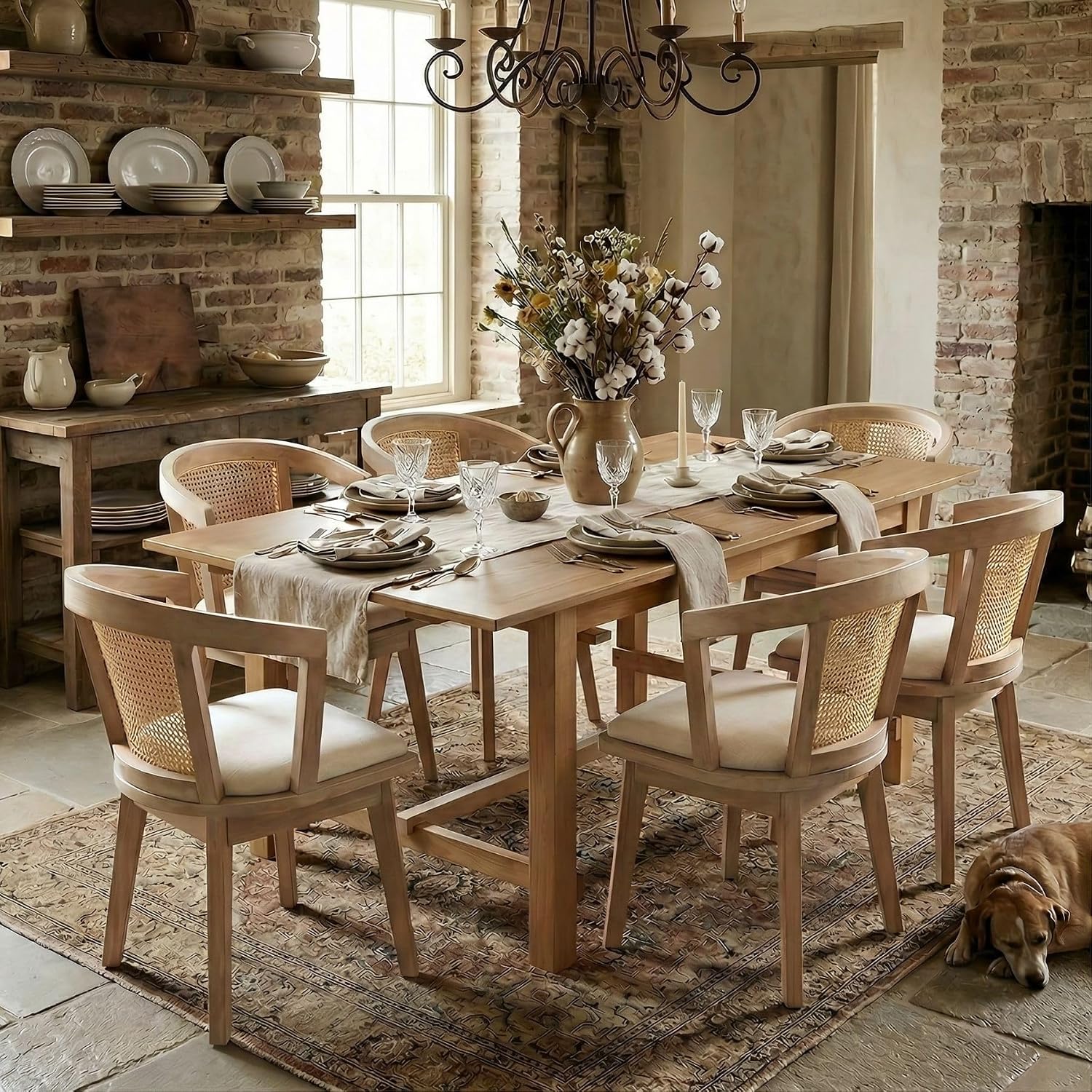 9-Piece Farmhouse Dining Table Set for 8, 59"-94" Extendable Kitchen Table & Upholstered Chairs, Solid Wooden Table with Woven Ratten Chair Living Room Restaurant - Natural/Natural