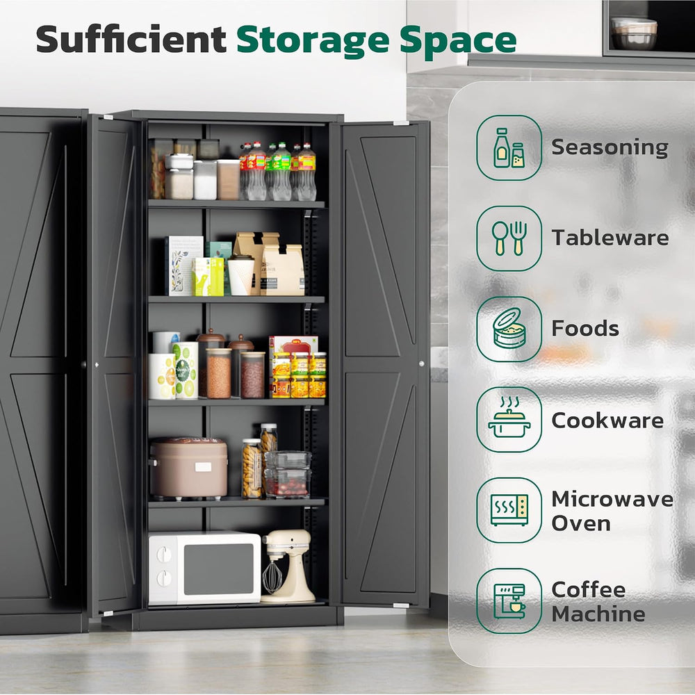 Greenvelly 63" H Black Farmhouse Metal Pantry Cabinet, Kitchen Pantry St...
