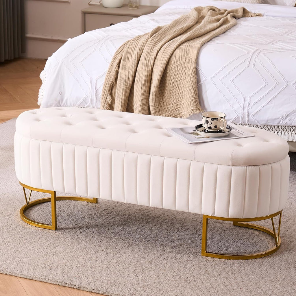 Tufted Storage Ottoman Bedroom Bench, 46" End of Bed Bench with Gold Metal Legs, Upholstered Footrest Stool for Dining, Living Room, Entryway and Hallway, Ivory