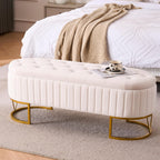 Tufted Storage Ottoman Bedroom Bench, 46" End of Bed Bench with Gold Metal Legs, Upholstered Footrest Stool for Dining, Living Room, Entryway and Hallway, Ivory