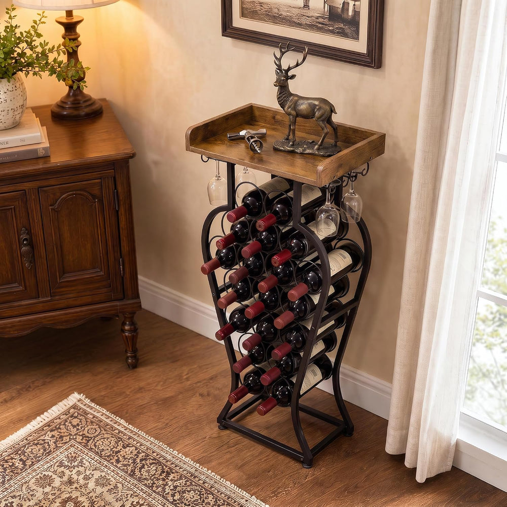 19 Bottles Freestanding Floor Wine Racks with Glass Holder | Wine Bottle Disp...