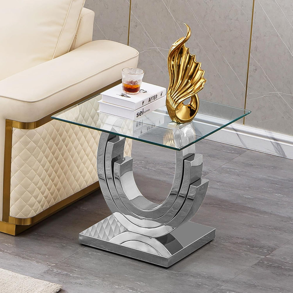 Luxury Glass End Table, 22.8" Sofa Side Table with Silver Ring-Shape Sta...