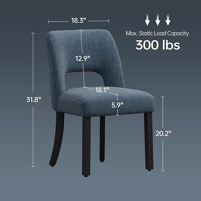 keoni Wooden Dining Chairs Set of 4, Mid Century Modern Upholstered Dining Room Chairs with Black Wood Legs, Fabric Farmhouse Kitchen Chairs with Foot Pegs for Dining Room, Blue