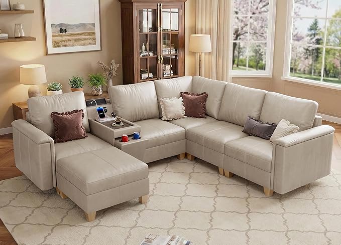SITJOY 105" Faux Leather Modular Sectional Sofa with Storage, Mid Century Modern Sectional Couches for Living Room, 6 Seat V Shaped Couch with Ottoman and Console Table, Hidden Cupholders, Greige