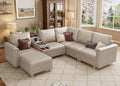 SITJOY 105" Faux Leather Modular Sectional Sofa with Storage, Mid Century Modern Sectional Couches for Living Room, 6 Seat V Shaped Couch with Ottoman and Console Table, Hidden Cupholders, Greige