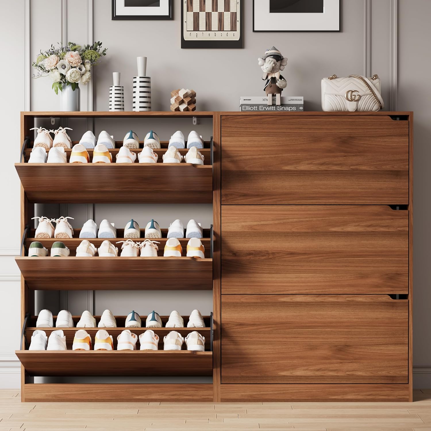 Xixini Shoe Storage Cabinet for Entryway with 3 Flip Drawers, Sturdy Wood Hidden Shoe Storage, Freestanding Narrow Slim Shoe Organizer for Front Door Entrance, Living Room, Hallway, Bedroom, Walnut