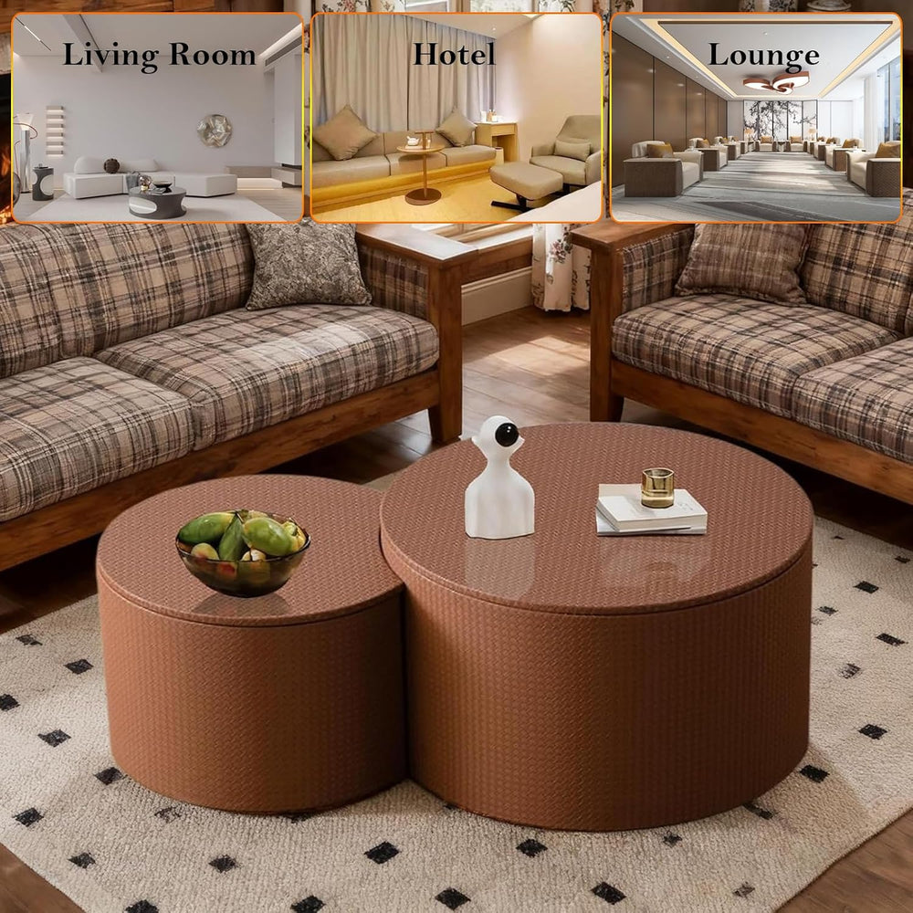 Round Nesting Coffee Table with Storage (C Brown 26.8+18.3in) | Modern Chic C...