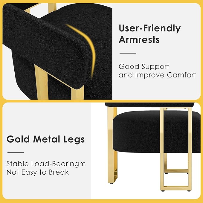 STHOUYN Modern Black Boucle Dining Chairs Set of 4 with Gold Metal Legs, Mid Century Barrel Kitchen Chairs Set, Upholstered Accent Armchairs Dining Room Set, Living Room, Apartment (Black, 4pcs)