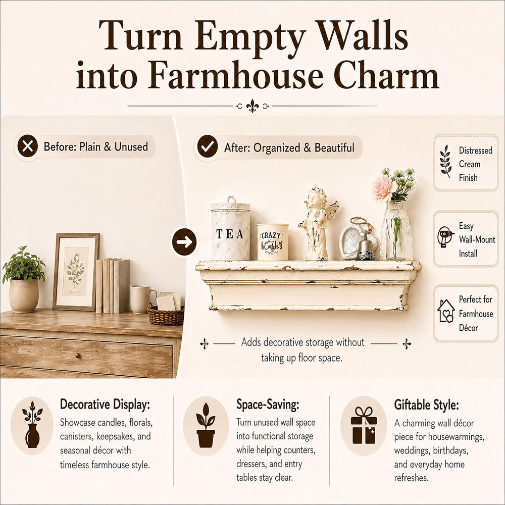 23.6 Inch Distressed White Wall Shelf, Rustic Farmhouse Floating Shelf